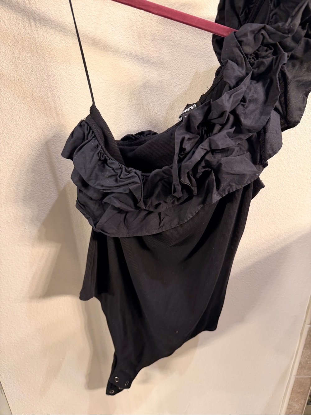 Express Black One-Shoulder Ruffle Bodysuit